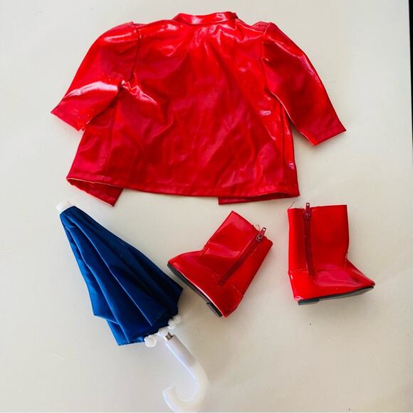 AMERICAN GIRL DOLL Red Blue White Snap Rain Jacket Coat Umbrella Boots Galoshes - Picture 4 of 9